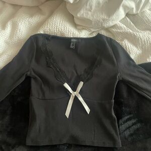 Black Long Sleeve Top with Lace and Bow